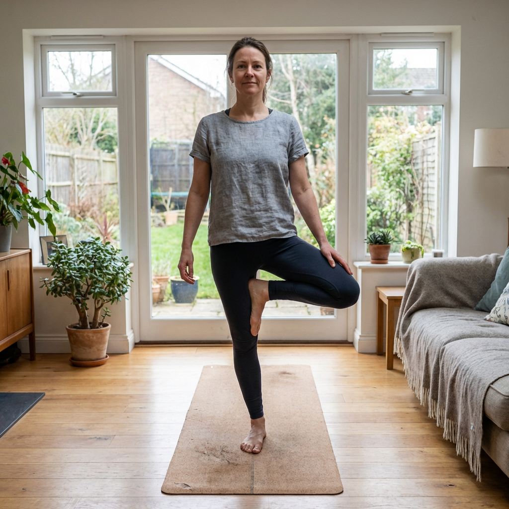 A woman performs a balancing yoga tree pose on a mat in a bright living room.