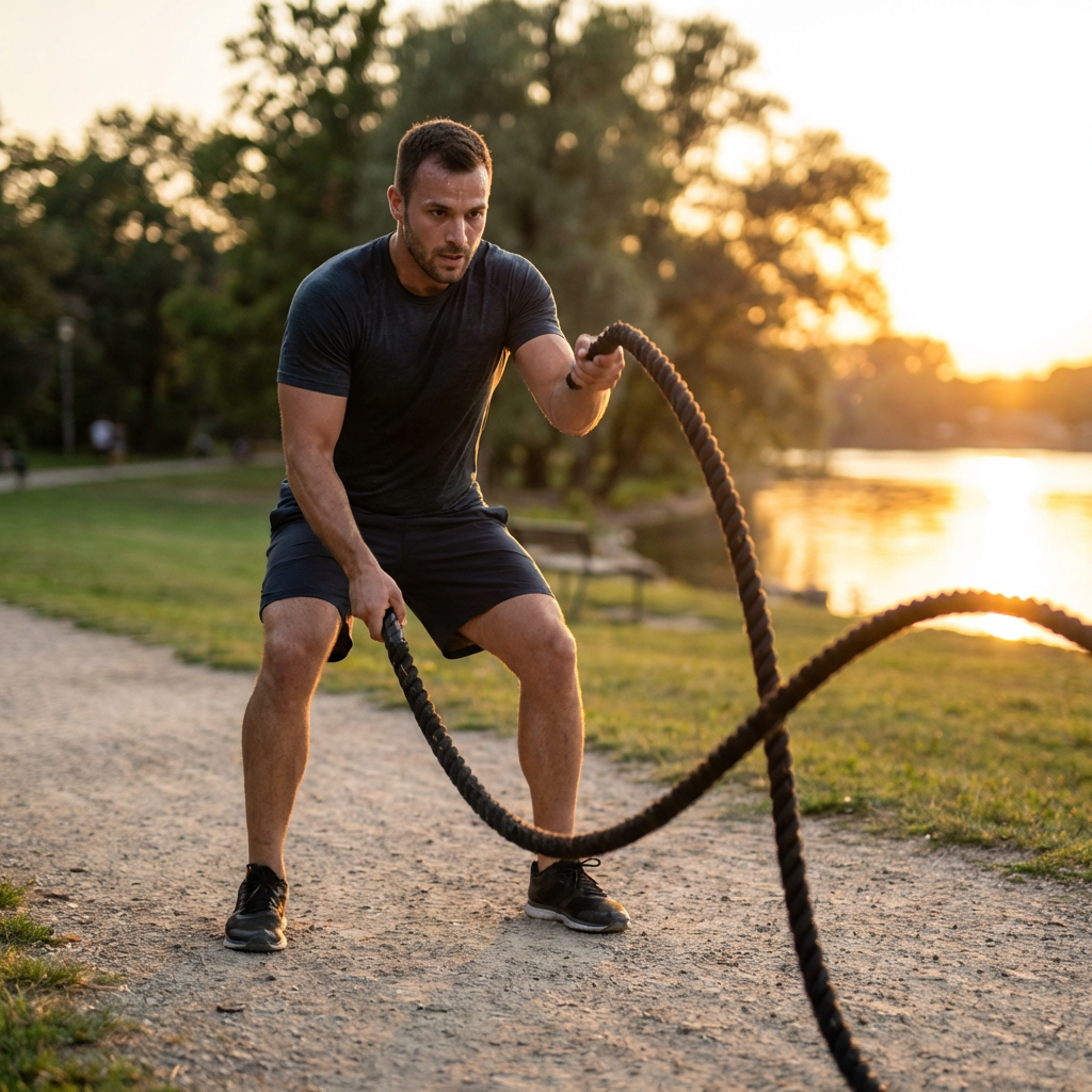 Man performing battle rope exercises on a park path during a golden sunset.