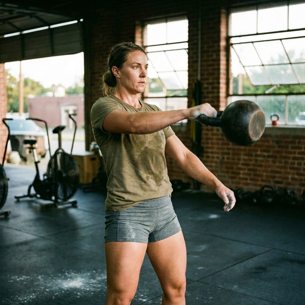 A focused athlete performing a kettlebell swing in an industrial-style gym setting.