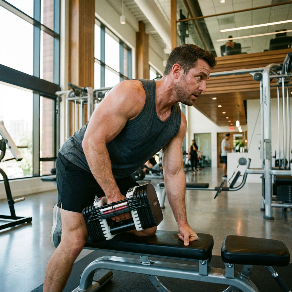 A man performing a one-arm dumbbell row on a bench in a gym.