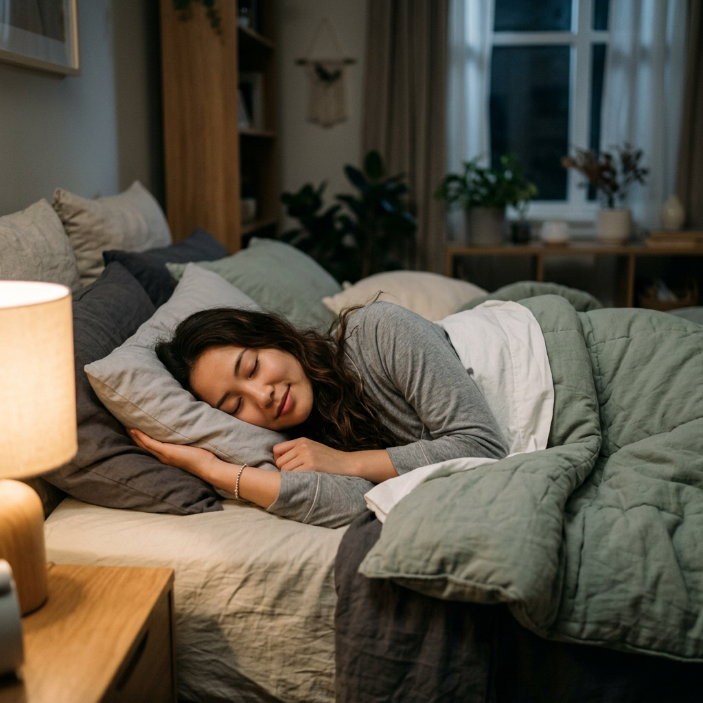 Woman sleeping peacefully on a bed with pillows and blankets in a cozy bedroom