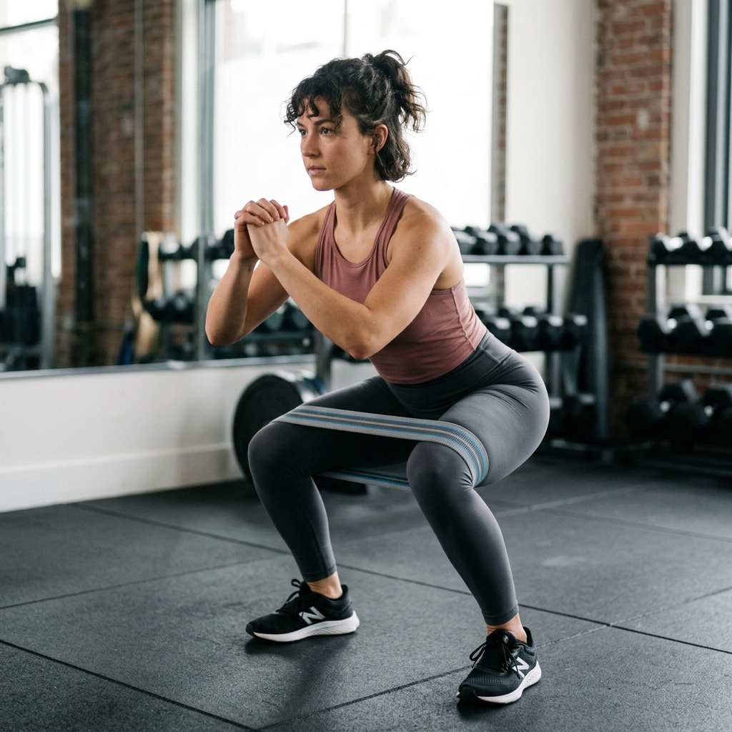 Woman doing squats with a resistance band around her legs in a gym
