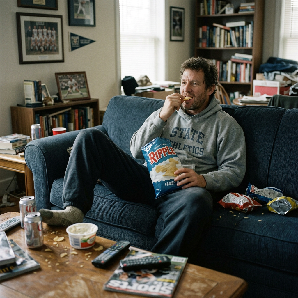 Man sitting on blue couch eating ripple chips at home