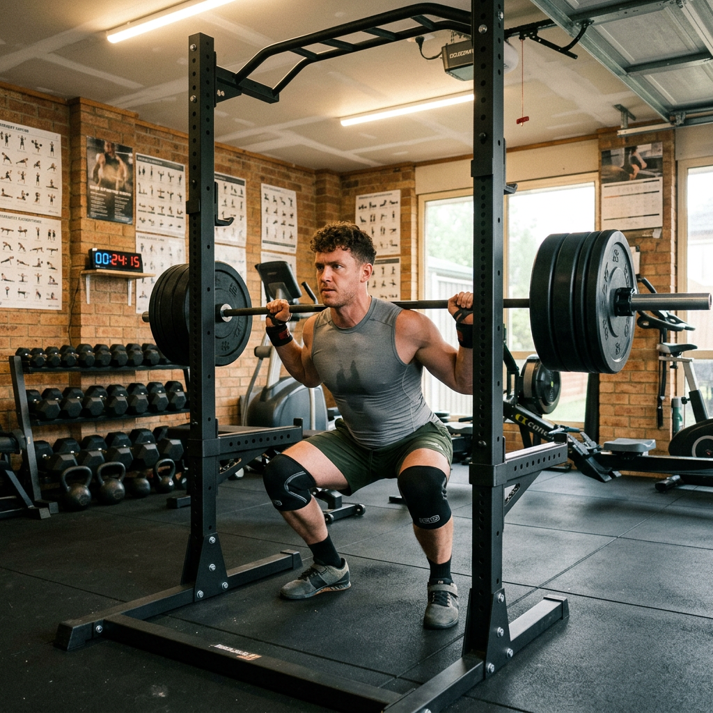 Man squatting with a loaded barbell in a home gym