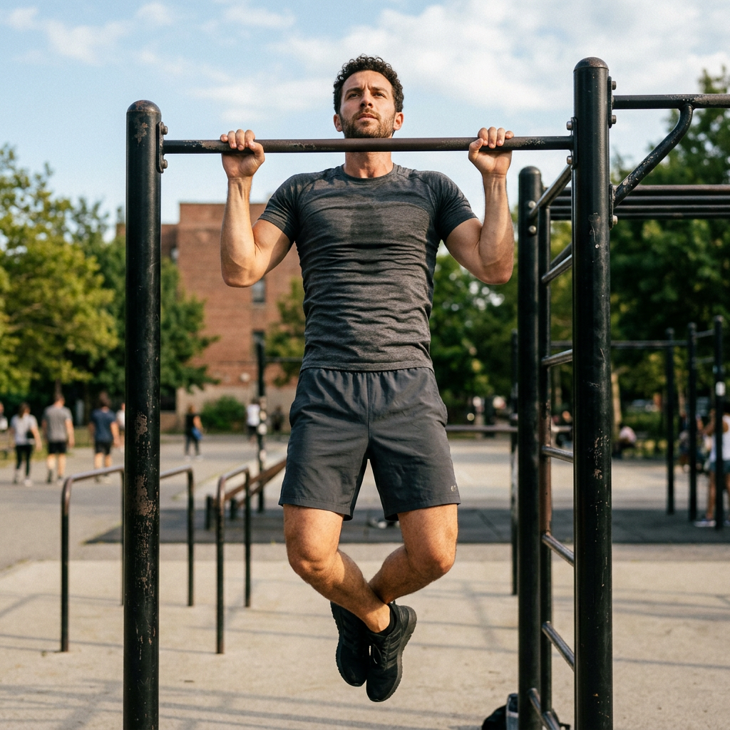 Man performing pull-ups on a horizontal bar in an outdoor fitness park