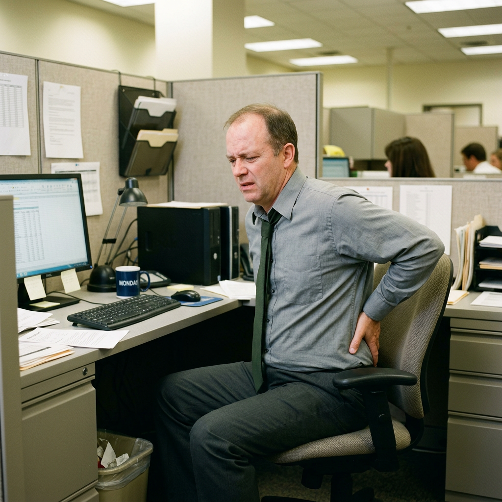Man in office chair holding lower back in pain