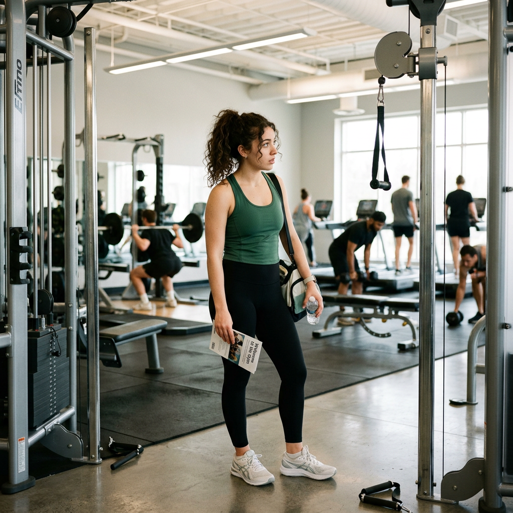 Young woman standing in gym holding water bottle and pamphlet