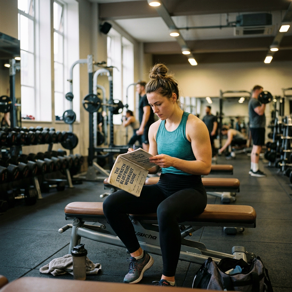 Woman sitting on a gym bench reading The Strength Blueprint Workout Guide