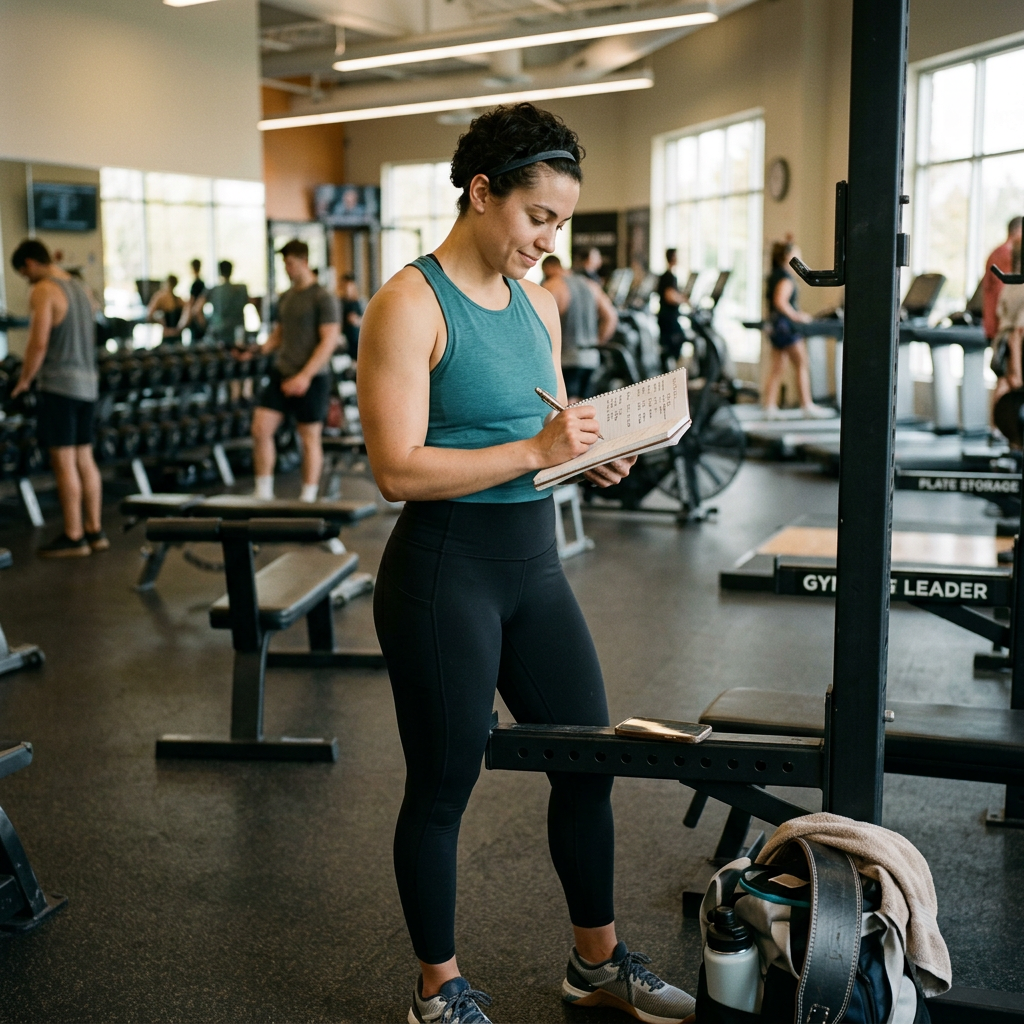 Woman in athletic wear writing in a notebook inside a gym