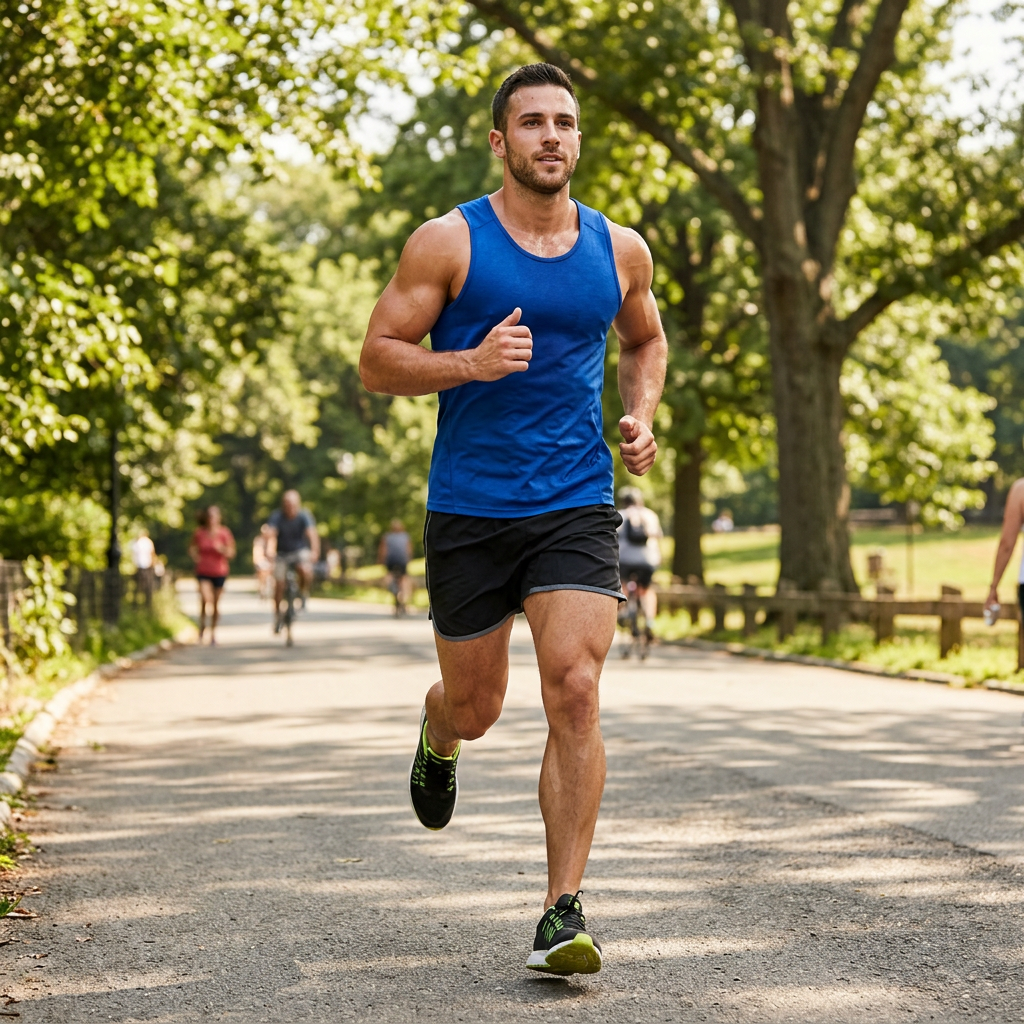 Muscular man in blue tank top running on shaded park path