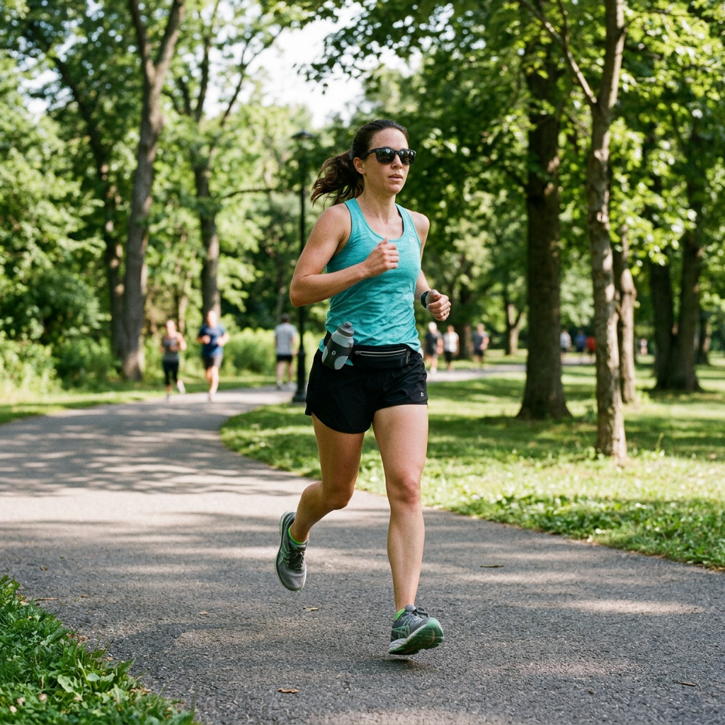 Woman jogging on paved path in park surrounded by trees