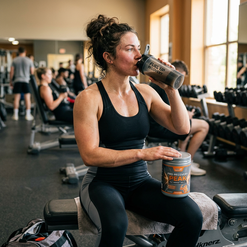 Woman in gym drinking from shaker labeled Fuel Up Recovery