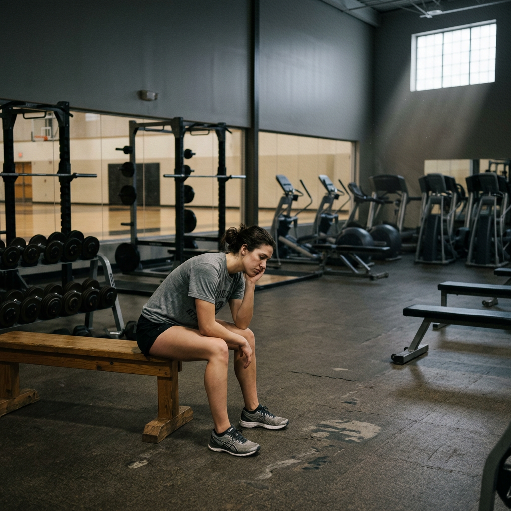 Woman sitting on a bench in a gym resting with hand on her face