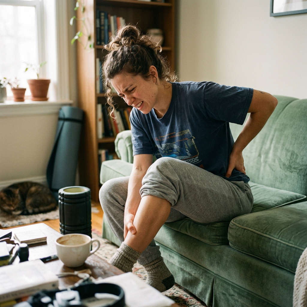 Woman on couch holding leg and lower back in pain