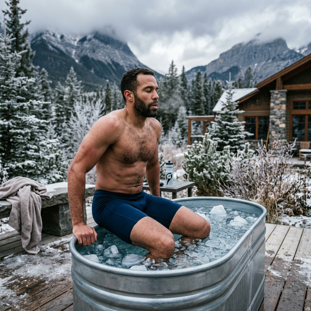 Man sitting in an ice bath outdoors surrounded by snow-covered trees and mountains
