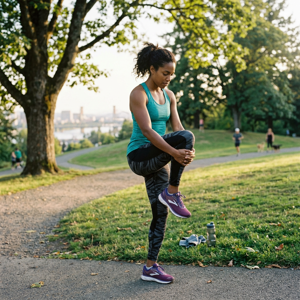 Woman in workout clothes stretching her leg in a park on a sunny day