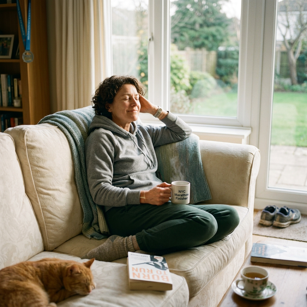 Woman sitting on a couch holding a mug labeled NYC Marathon Finisher with a sleeping orange cat beside her