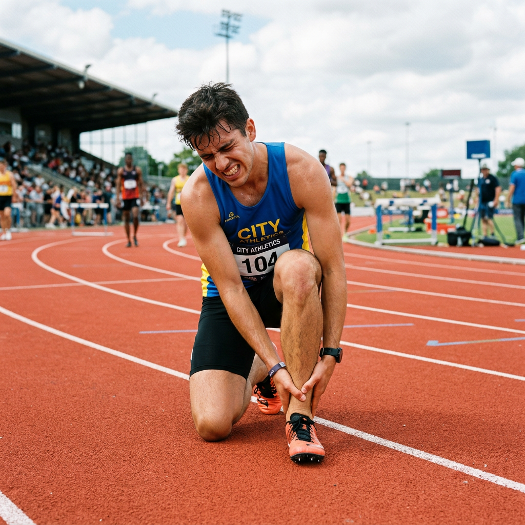 Track athlete kneeling and holding his ankle with a pained expression on a running track