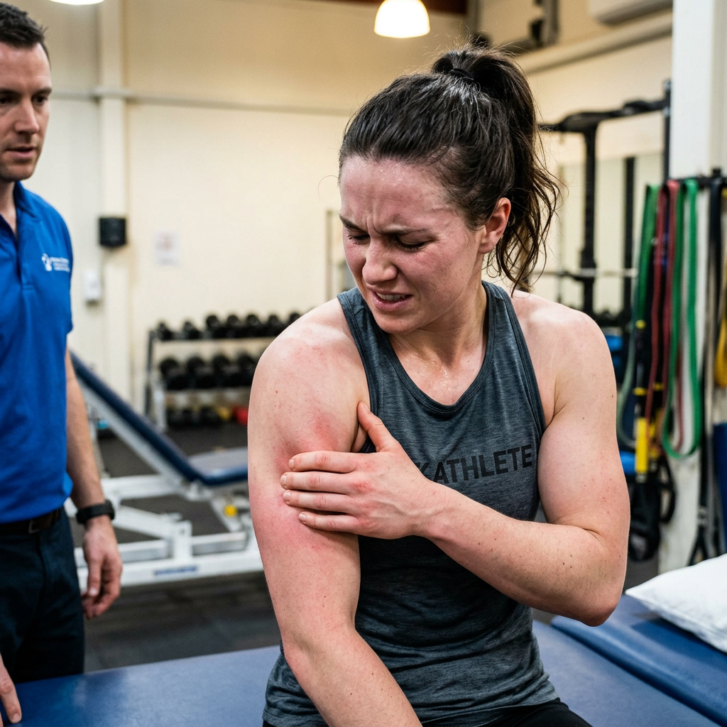 Female athlete holding her painful right shoulder with a pained expression in a gym