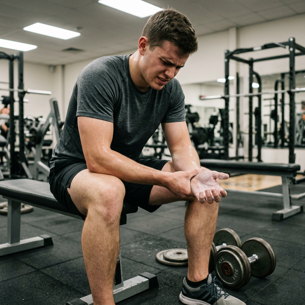 Man sitting on gym bench holding his wrist in pain
