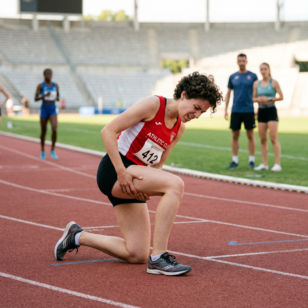 Runner wearing red and white athletic clothes kneeling on running track holding thigh in pain
