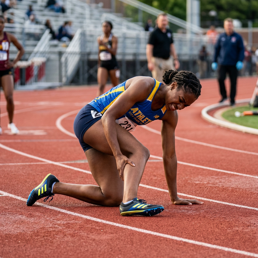 Female athlete kneeling on running track holding her leg in pain