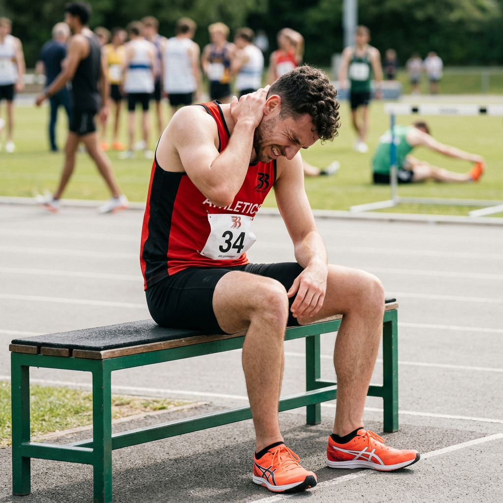Male athlete in red and black running gear sitting on bench, holding neck in pain on track