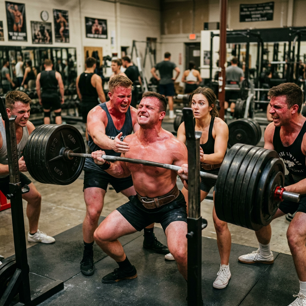 Man performing weighted squat with spotters in gym