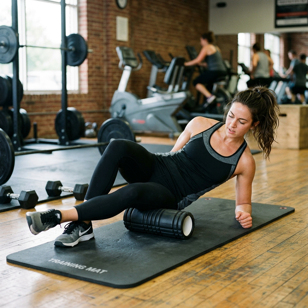Woman using foam roller on leg muscles on gym mat