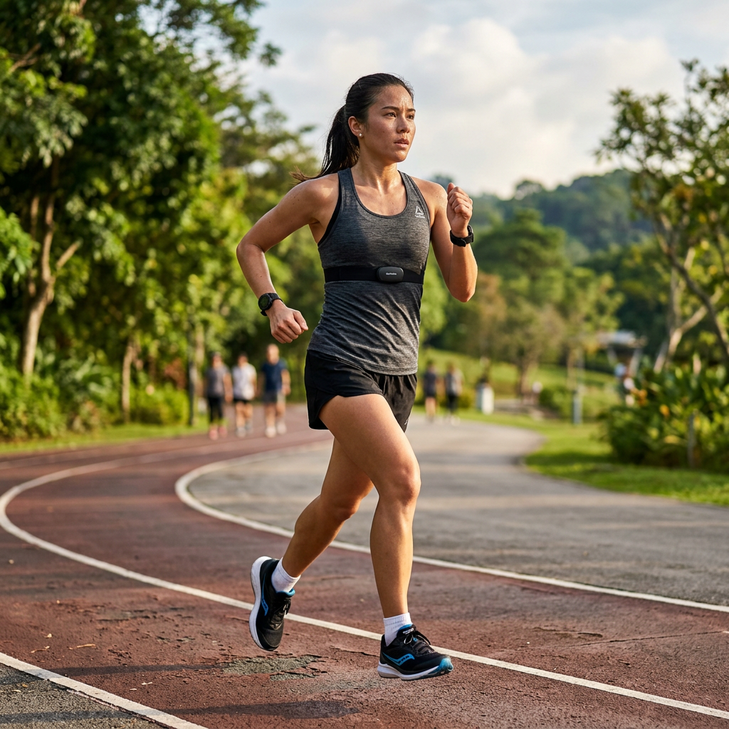 Woman in athletic gear running on a curved outdoor track with trees in the background