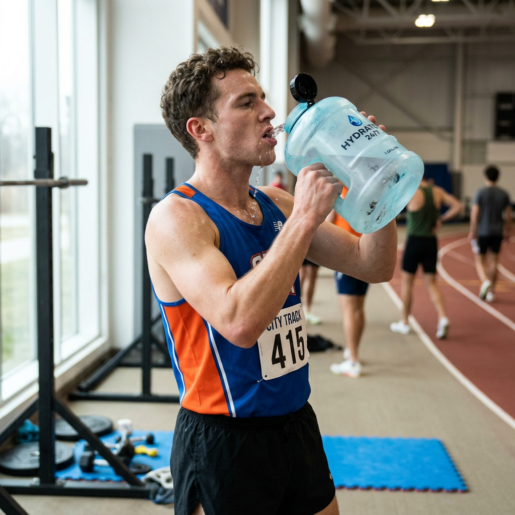 Male athlete in blue and orange uniform drinking water from a large jug during an indoor track event