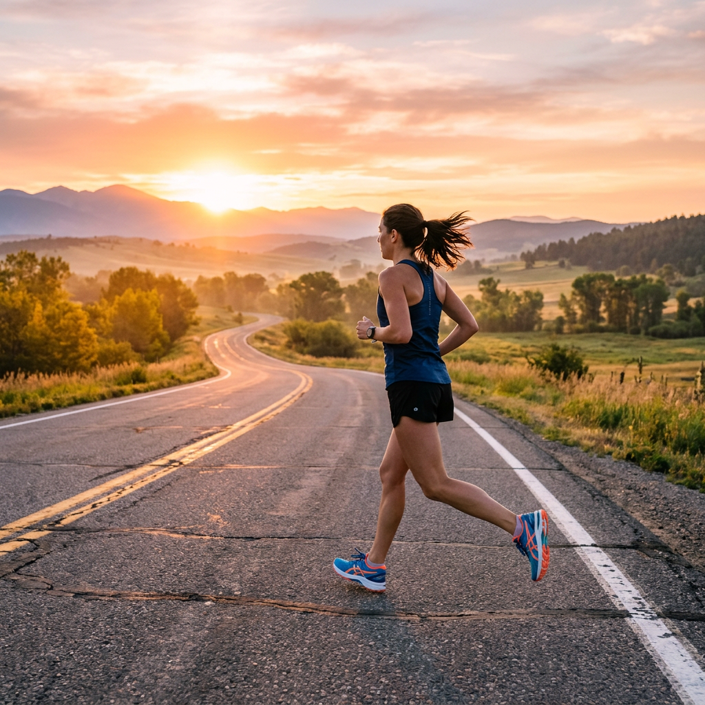 Woman jogging on a rural road with mountains and sunrise in the background