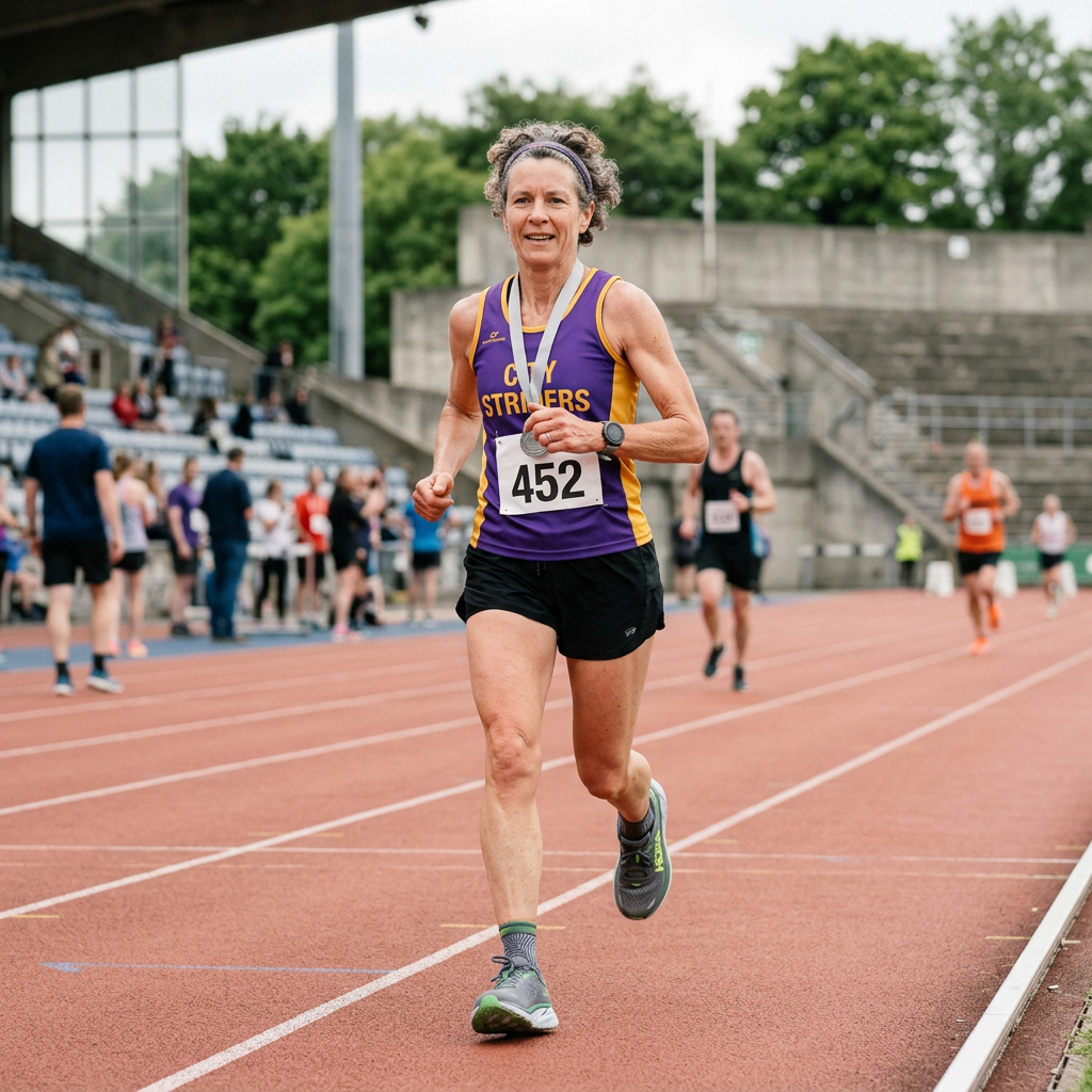 Masters runner wearing bib 452 competes on an outdoor track